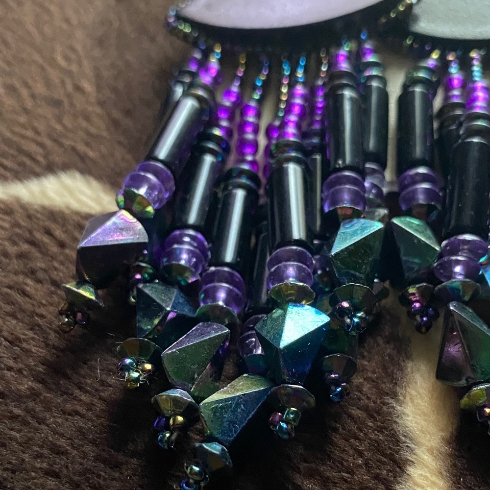 Vintage 90’s Beaded Statement Earrings with Purple and Black Accents - Picture 3 of 7